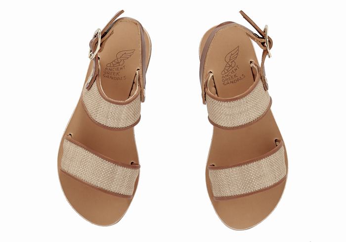 Beige Brown Ancient Greek Sandals Little Clio Rafia Soft Kids' Casual Sandals | FPI719XA