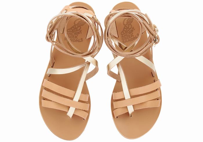 Beige Gold White Ancient Greek Sandals Satira Leather Women Gladiator Sandals | IEP2695IL