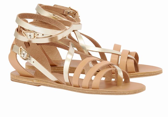 Beige Gold White Ancient Greek Sandals Satira Leather Women Gladiator Sandals | IEP2695IL