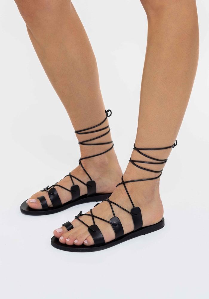 Black Ancient Greek Sandals Alcyone Leather Women Gladiator Sandals | KZN5873II