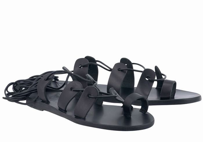 Black Ancient Greek Sandals Alcyone Leather Women Gladiator Sandals | KZN5873II