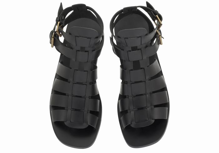 Black Ancient Greek Sandals Alexandros Leather Men Fisherman Sandals | HFK4185MK