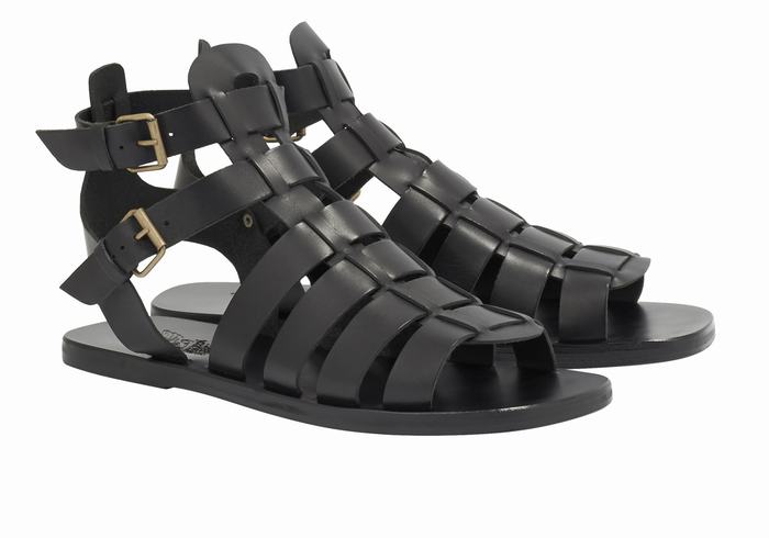 Black Ancient Greek Sandals Alexandros Leather Men Fisherman Sandals | HFK4185MK