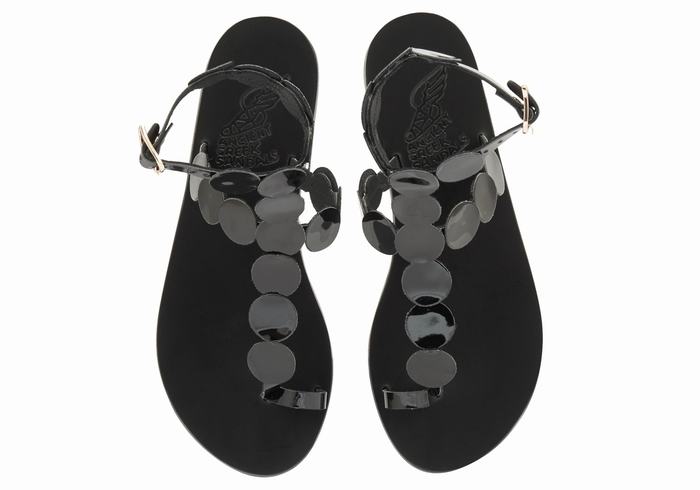 Black Ancient Greek Sandals Asteras Leather Women Toe-Post Sandals | FWZ1332SA