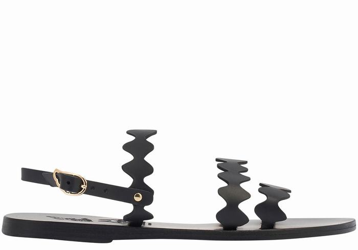 Black Ancient Greek Sandals Clio Onda Leather Women Back-Strap Sandals | HHQ4627MB