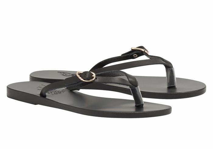 Black Ancient Greek Sandals Dihalo Leather Women Flip Flops | TEW3175ER