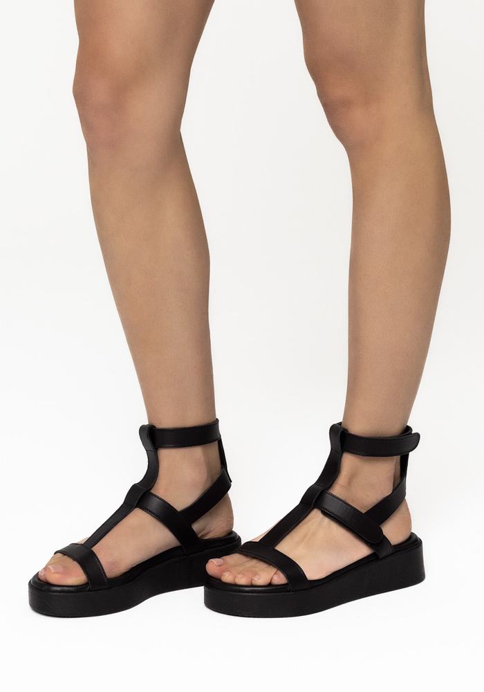Black Ancient Greek Sandals Efrosini Leather Women Platform Sandals | PDT471JM