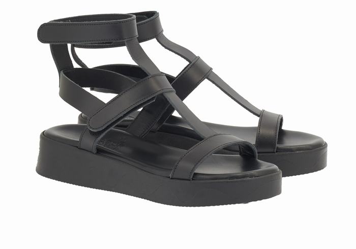 Black Ancient Greek Sandals Efrosini Leather Women Platform Sandals | PDT471JM