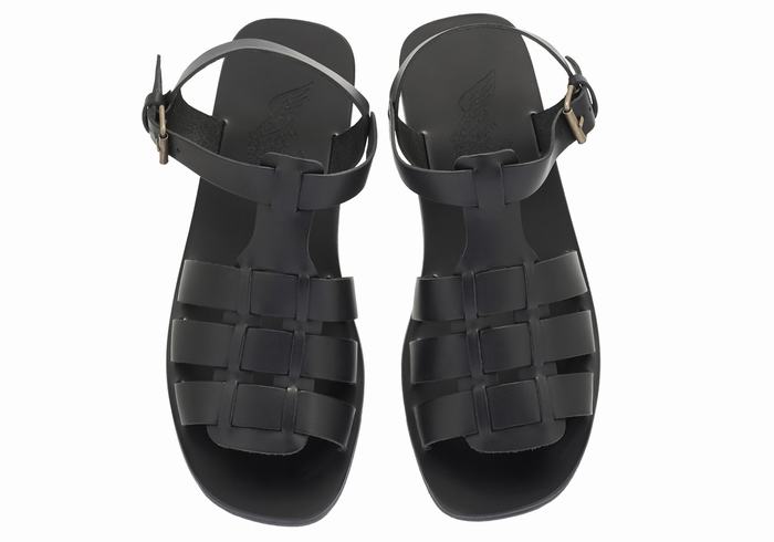 Black Ancient Greek Sandals Ektoras Leather Men Fisherman Sandals | PEV9940UH