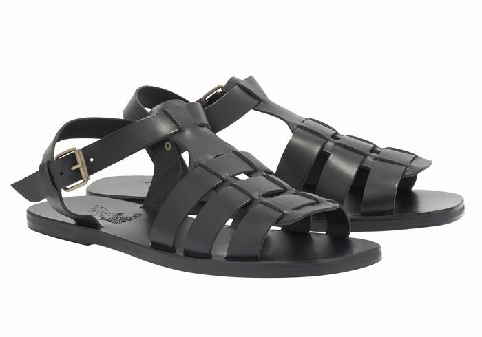 Black Ancient Greek Sandals Ektoras Leather Men Fisherman Sandals | PEV9940UH