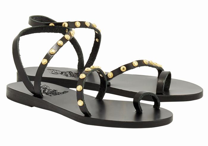 Black Ancient Greek Sandals Eleftheria Bee Women Toe-Post Sandals | RTF7486BB