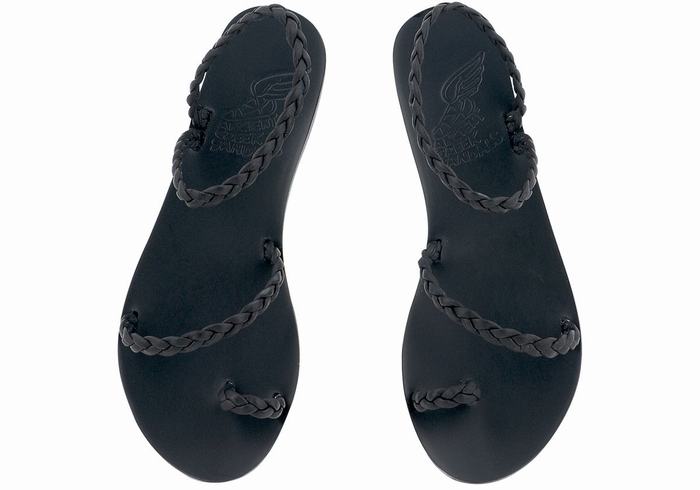 Black Ancient Greek Sandals Eleftheria Leather Women Braided Sandals | XKM3957TC
