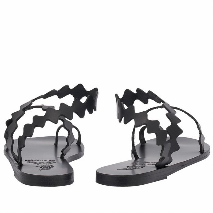 Black Ancient Greek Sandals Eleftheria Onda Leather Women Toe-Post Sandals | CSK1253CA