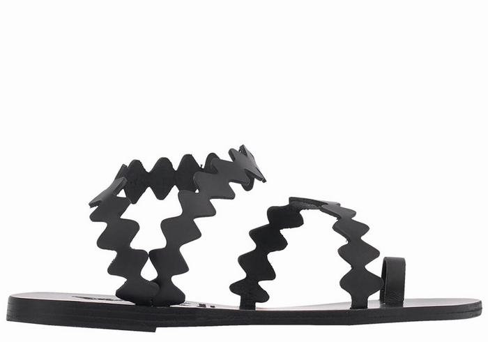 Black Ancient Greek Sandals Eleftheria Onda Leather Women Toe-Post Sandals | CSK1253CA