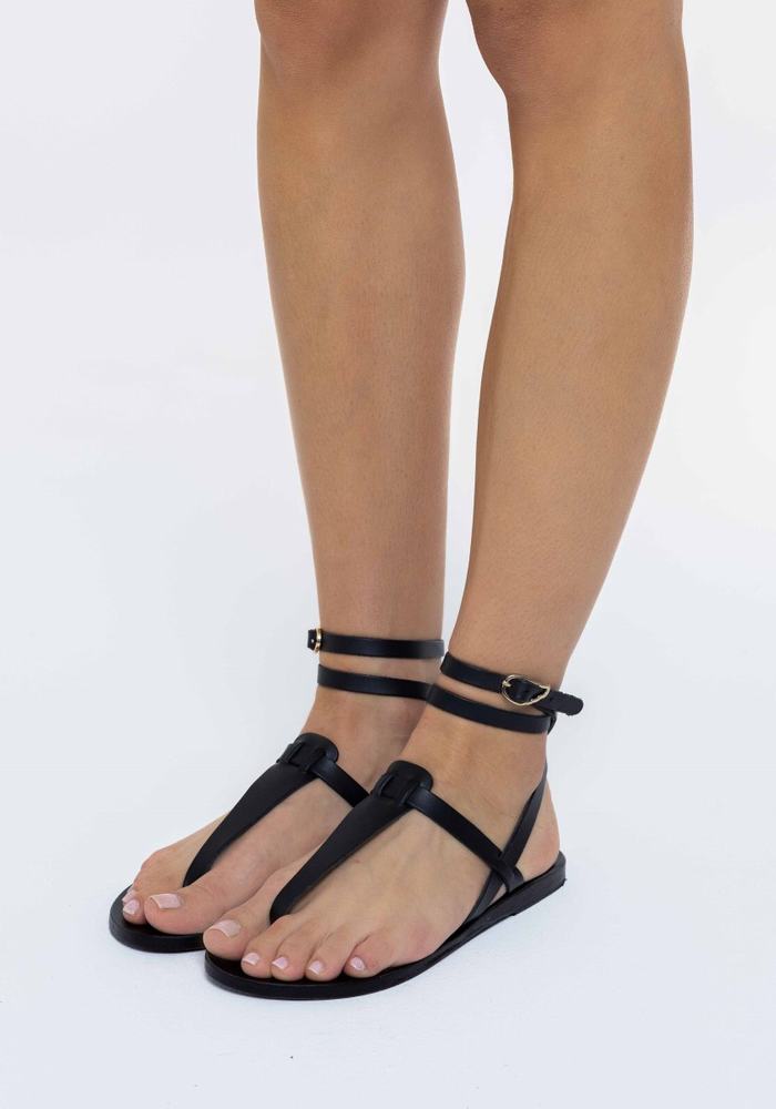 Black Ancient Greek Sandals Estia Leather Women Ankle Strap Sandals | BSA507SY