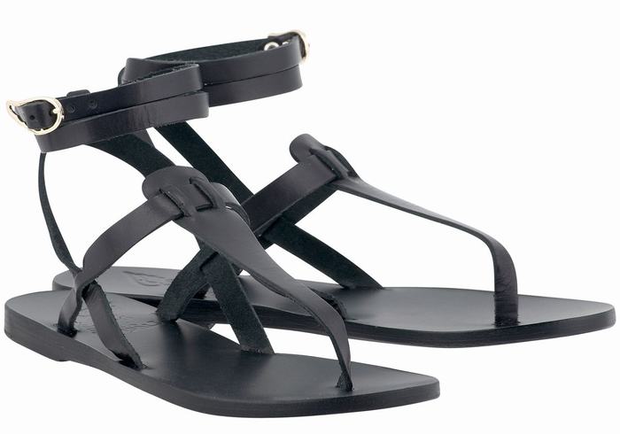 Black Ancient Greek Sandals Estia Leather Women Ankle Strap Sandals | BSA507SY