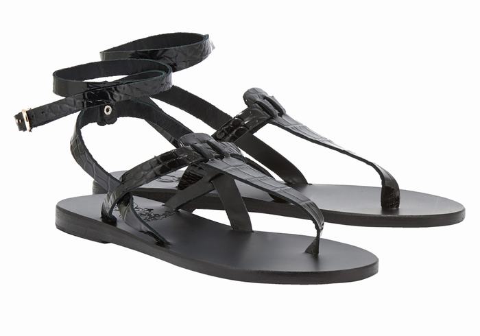 Black Ancient Greek Sandals Estia Women Ankle Strap Sandals | QMD6443SU