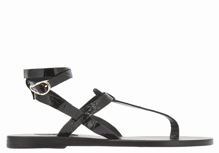 Black Ancient Greek Sandals Estia Women Ankle Strap Sandals | QMD6443SU