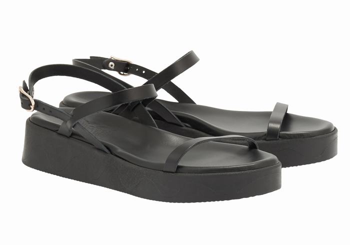 Black Ancient Greek Sandals Evriali Leather Women Platform Sandals | FHT3285XE