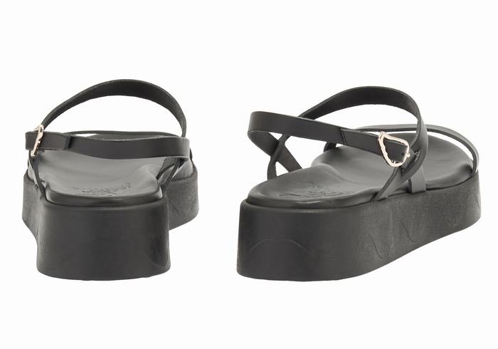 Black Ancient Greek Sandals Evriali Leather Women Platform Sandals | FHT3285XE