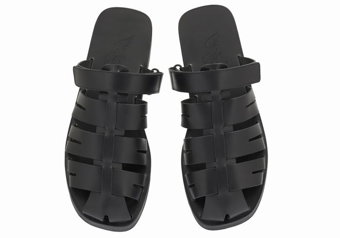 Black Ancient Greek Sandals Filoklis Leather Men Fisherman Sandals | GKL7234EY