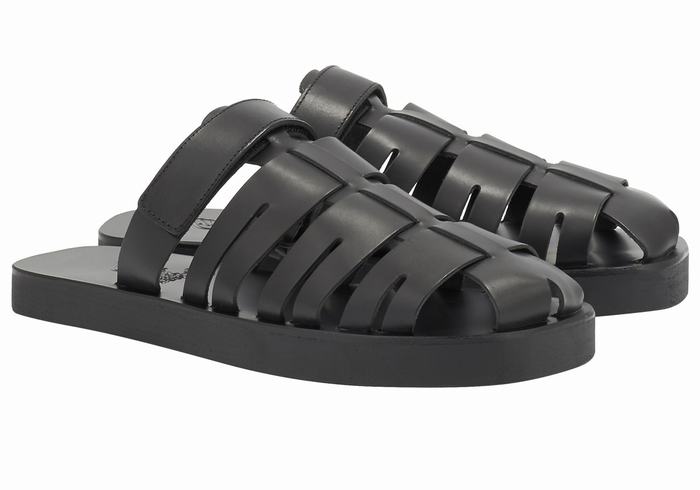 Black Ancient Greek Sandals Filoklis Leather Men Fisherman Sandals | GKL7234EY