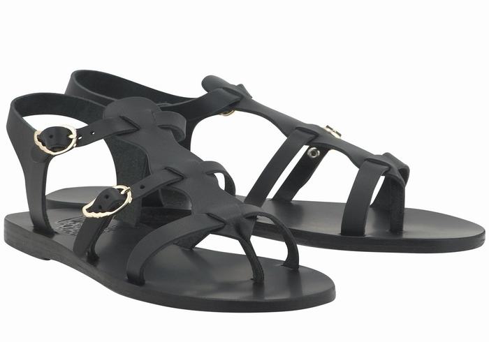 Black Ancient Greek Sandals Grace Kelly Leather Women Casual Sandals | WIG9457NJ