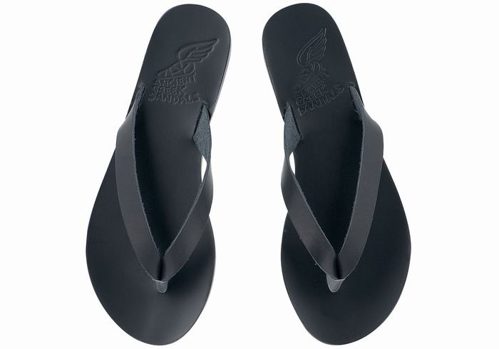 Black Ancient Greek Sandals Hera Leather Women Flip Flops | LXO5831HI