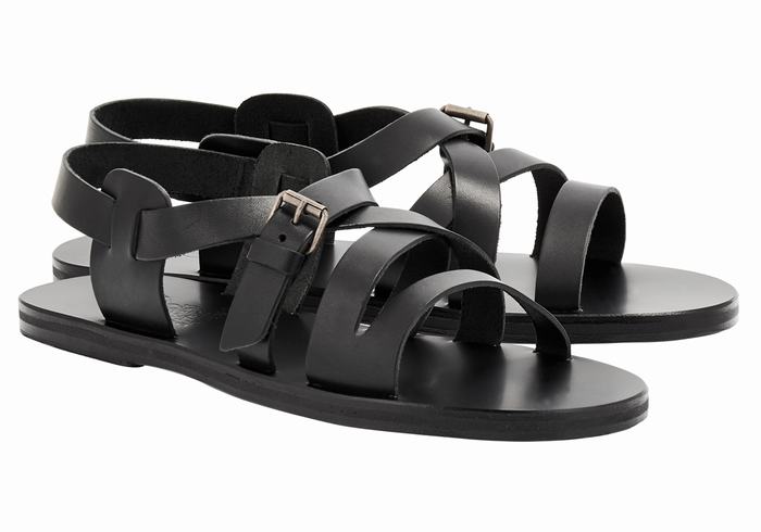 Black Ancient Greek Sandals Hercules Leather Men Casual Sandals | VOV9212WJ