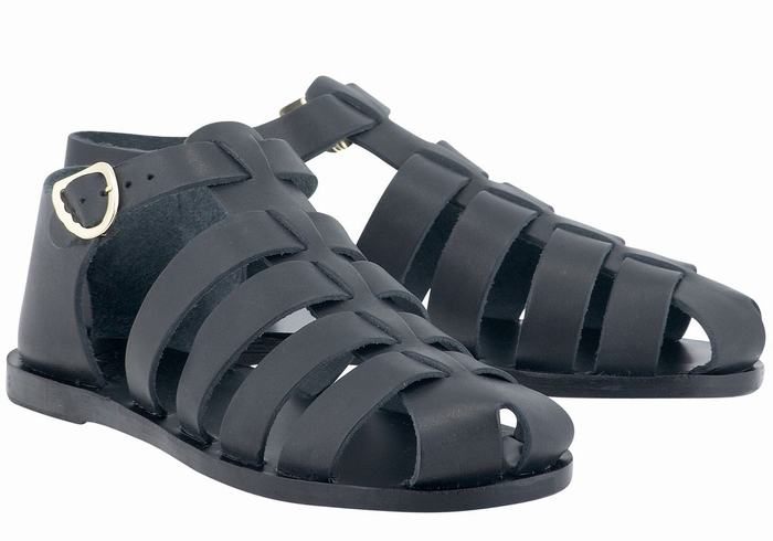 Black Ancient Greek Sandals Homeria Leather Women Fisherman Sandals | HYH812DY