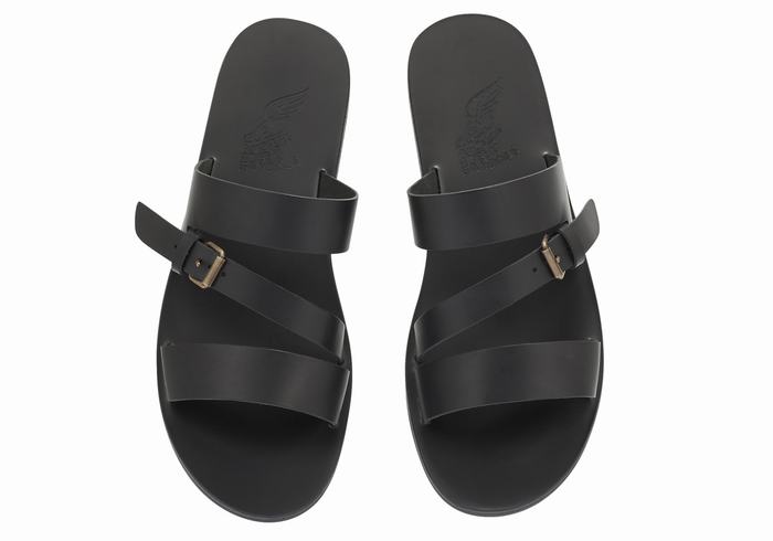 Black Ancient Greek Sandals Ifiklis Leather Men Slide Sandals | OTY445EW