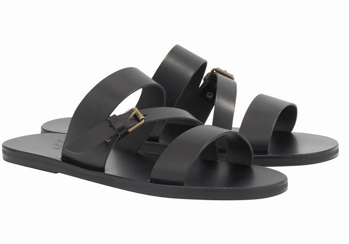 Black Ancient Greek Sandals Ifiklis Leather Men Slide Sandals | OTY445EW