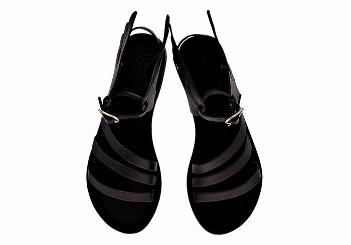 Black Ancient Greek Sandals Ikaria Leather Women Ankle Strap Sandals | NPU7586XZ