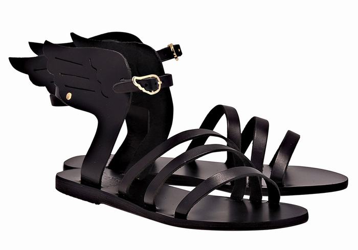 Black Ancient Greek Sandals Ikaria Leather Women Ankle Strap Sandals | NPU7586XZ