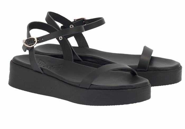 Black Ancient Greek Sandals Irida Leather Women Platform Sandals | EXO2575WA