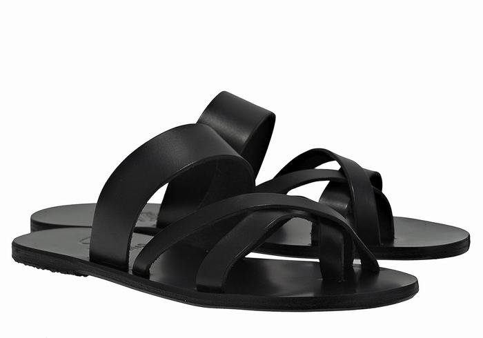 Black Ancient Greek Sandals Jason Leather Men Slide Sandals | USC3092TN