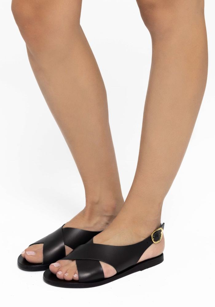 Black Ancient Greek Sandals Maria Leather Women Casual Sandals | UAD7010BJ