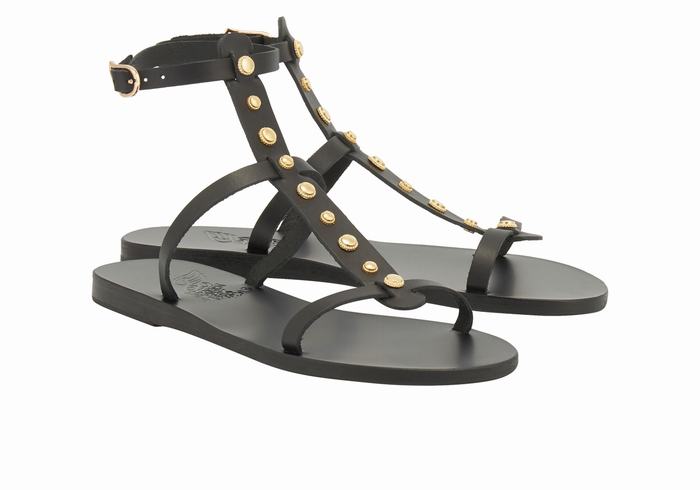 Black Ancient Greek Sandals Meliti Bee Women Ankle Strap Sandals | IFN3526DE