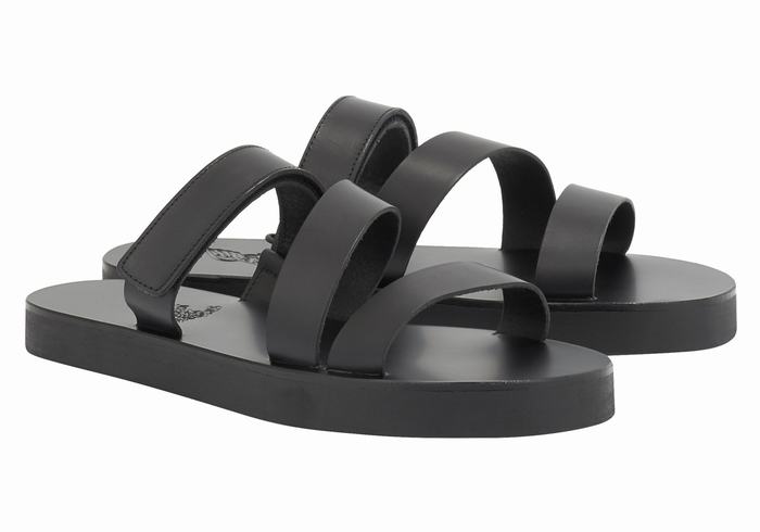 Black Ancient Greek Sandals Morfeas Men Slide Sandals | HVT7418QL