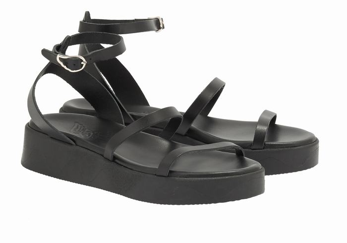 Black Ancient Greek Sandals Nissida Leather Women Platform Sandals | PAW8525YR