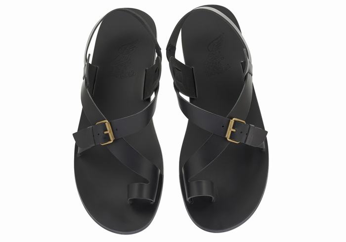 Black Ancient Greek Sandals Paris Leather Men Toe-Post Sandals | WCJ554NN