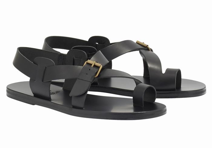 Black Ancient Greek Sandals Paris Leather Men Toe-Post Sandals | WCJ554NN