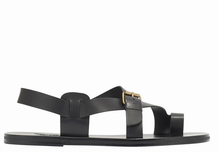 Black Ancient Greek Sandals Paris Leather Men Toe-Post Sandals | WCJ554NN