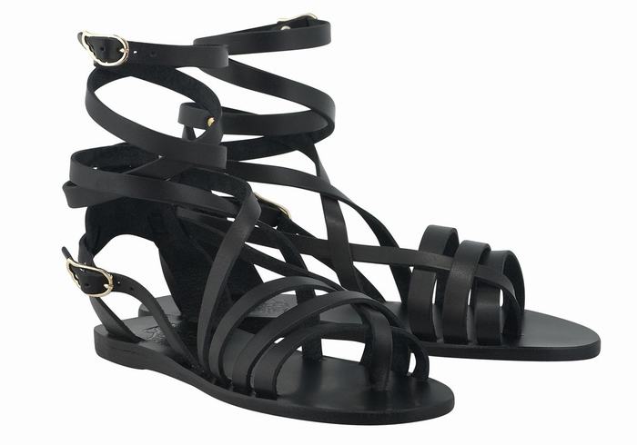 Black Ancient Greek Sandals Satira Leather Women Gladiator Sandals | ZDD6620OF