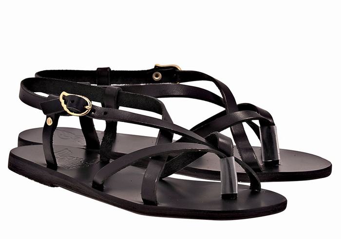 Black Ancient Greek Sandals Semele Leather Women Back-Strap Sandals | NCL2336KK