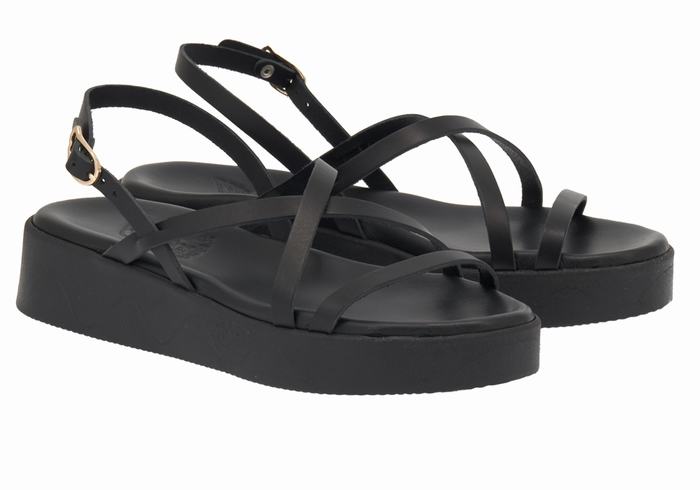 Black Ancient Greek Sandals Silia Leather Women Platform Sandals | NSZ5859OZ