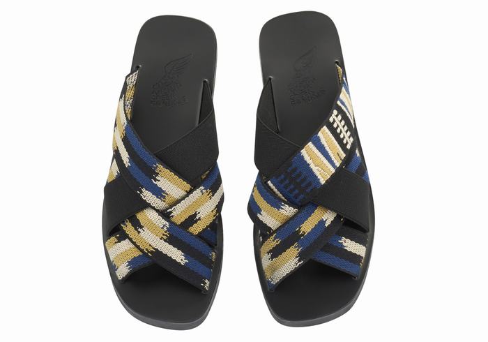 Black Blue Ancient Greek Sandals Neoklis Men Slide Sandals | VJC5866FB