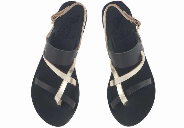 Black Gold White Ancient Greek Sandals Alethea Leather Women Back-Strap Sandals | JLA6072PT