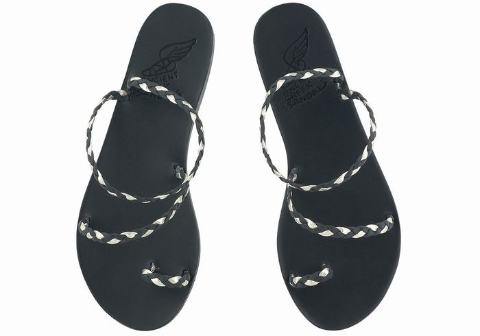 Black Gold White Ancient Greek Sandals Eleftheria Leather Women Braided Sandals | NCI6997CR