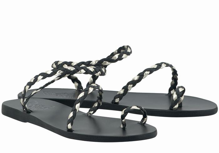 Black Gold White Ancient Greek Sandals Eleftheria Leather Women Braided Sandals | NCI6997CR